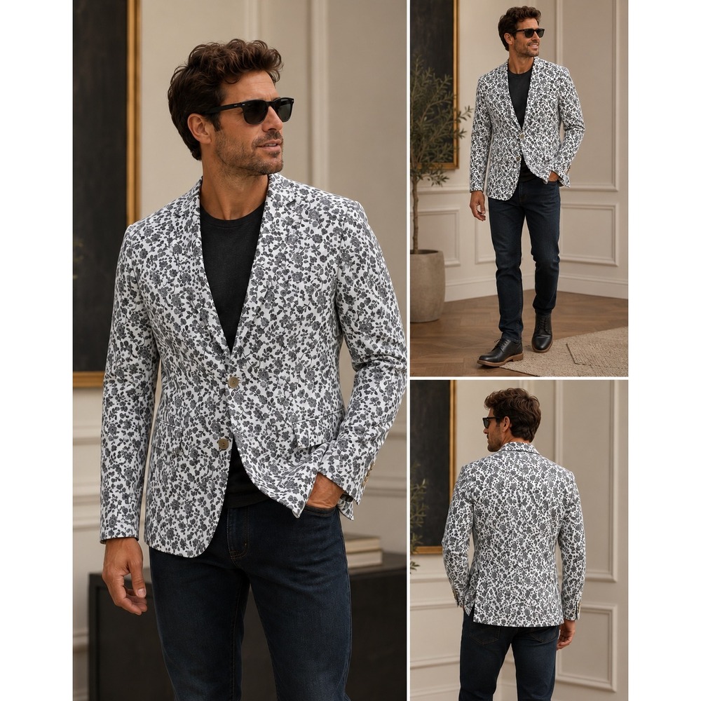 J.Ferrar Blazer Mens 40R Grey White Floral Rose Slim Fit Excellent Sport Coat